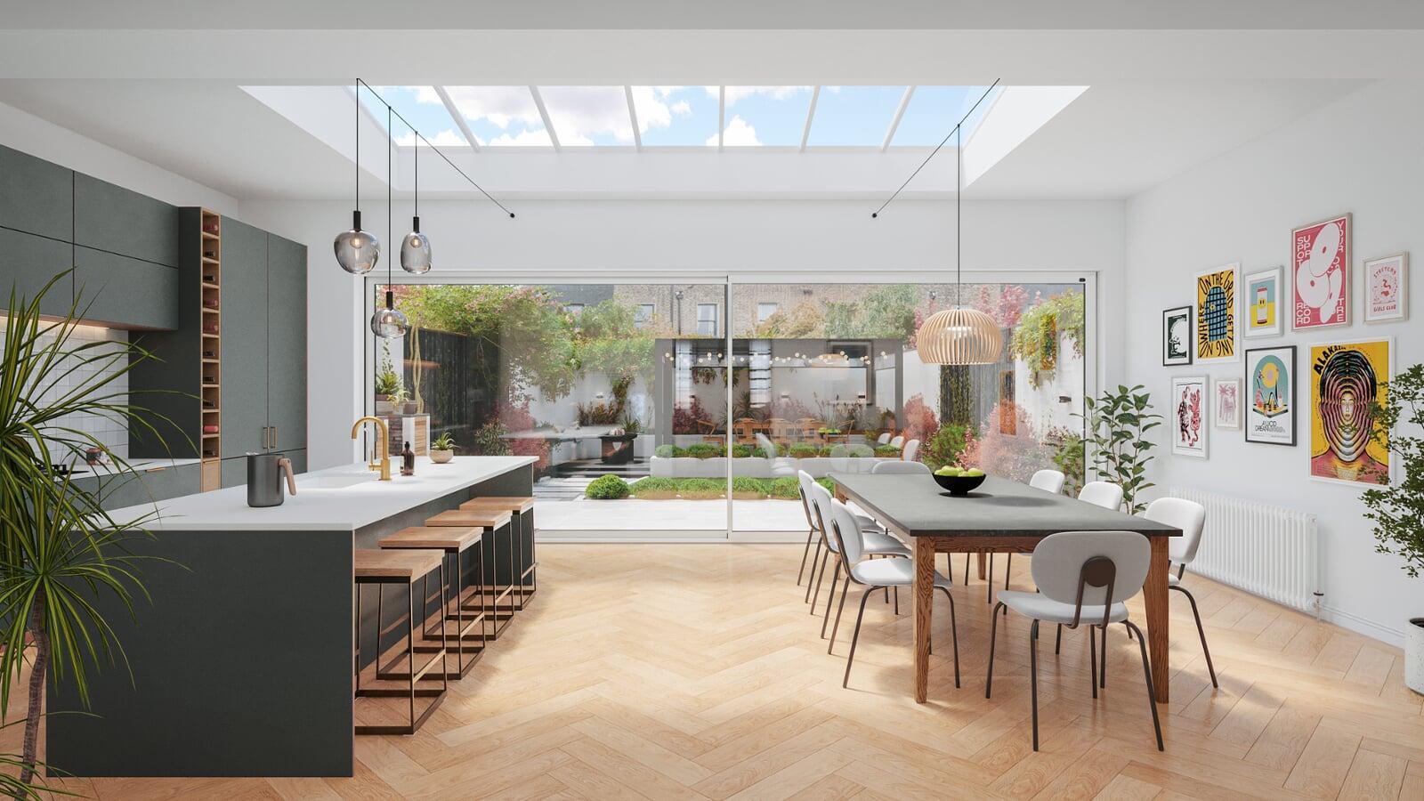 Modern extension with slim patio doors looking onto the garden